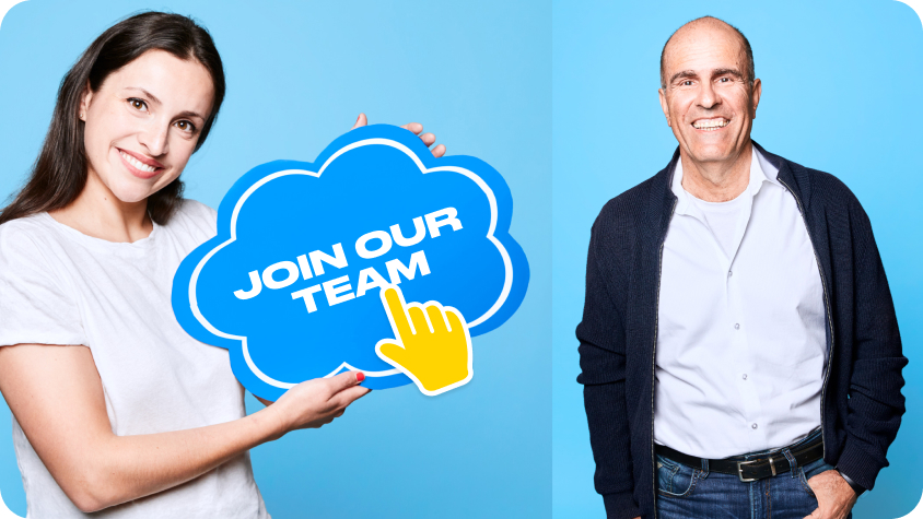 female holding cloud bubble with hand pointing to 'points' and male clapping hands together